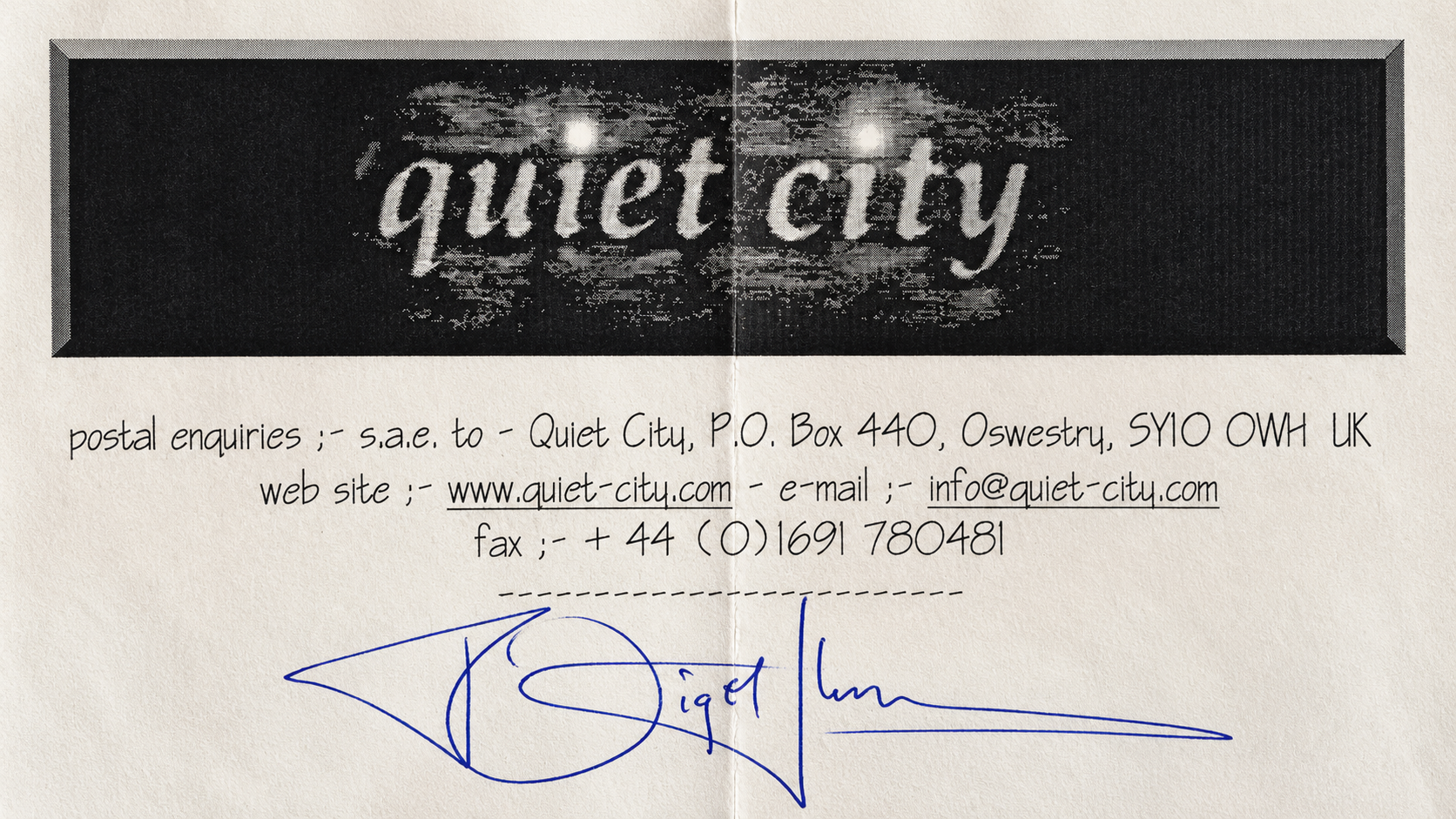 Foglio informativo originale dei Quiet City con la firma autografa di Nigel Thomas